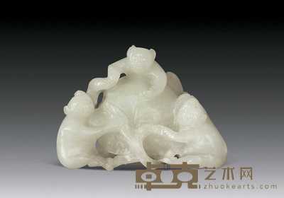 清 白玉刻三猴献寿挂件 5.5×4cm